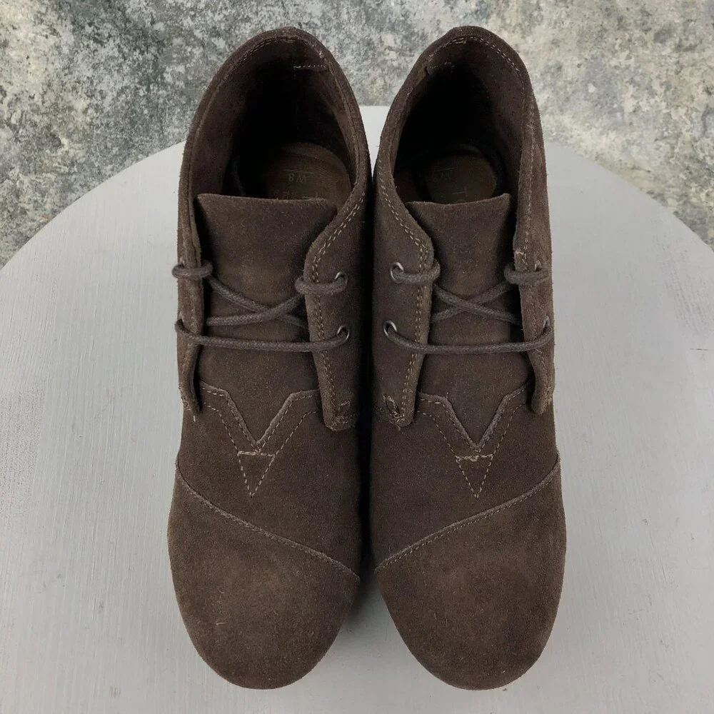Toms Women's Size 8 Desert Brown Suede Wedge High Heel Lace-Up Ankle Booties